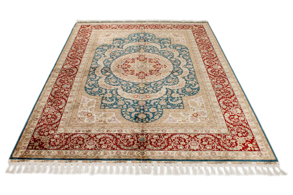 6x8 Blue and Red Turkish Silk Rug