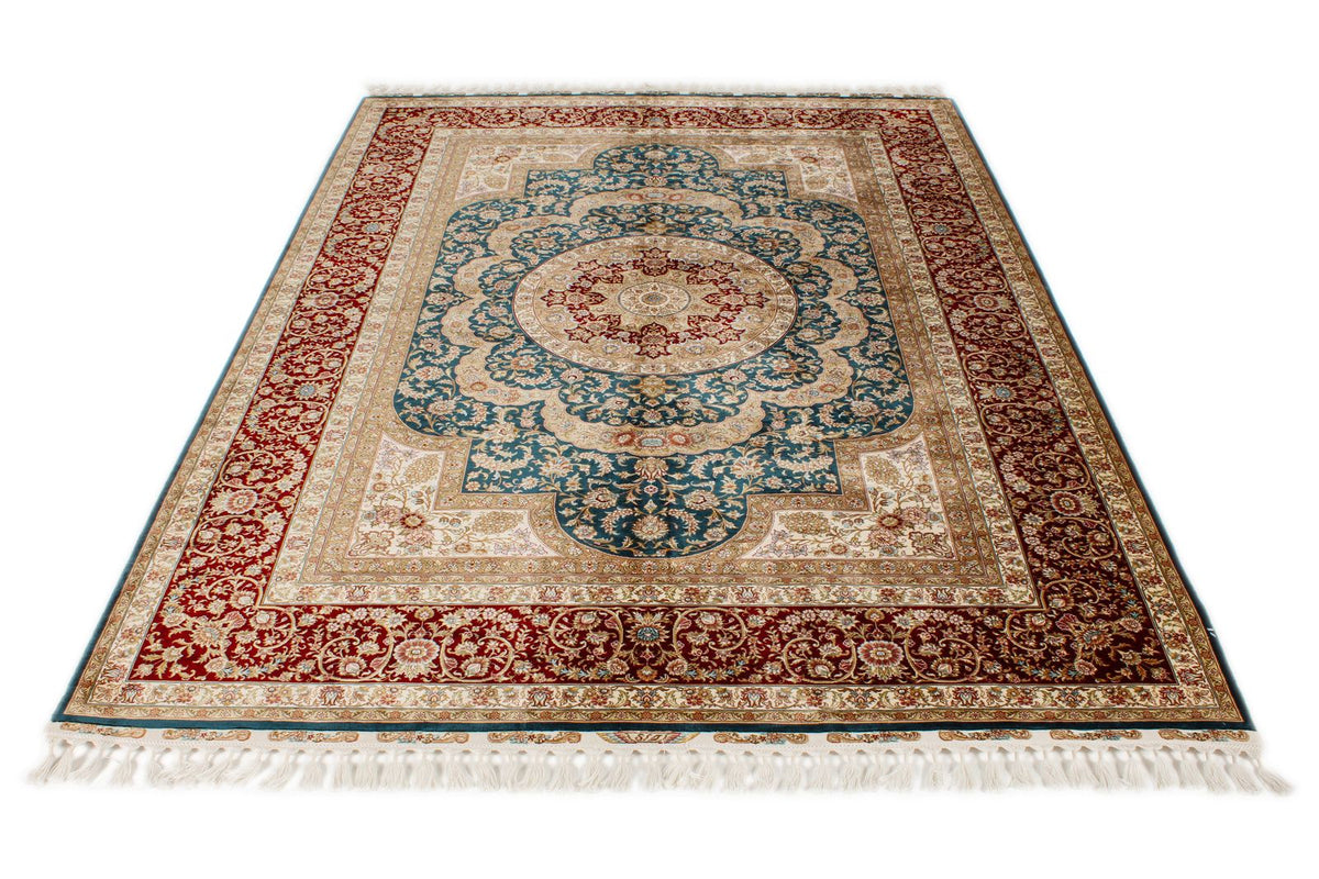 6x8 Blue and Red Turkish Silk Rug