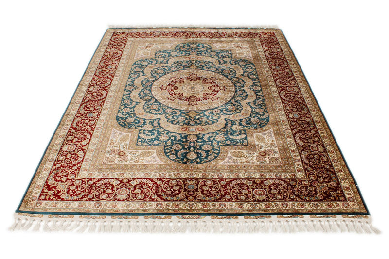 6x8 Blue and Red Turkish Silk Rug