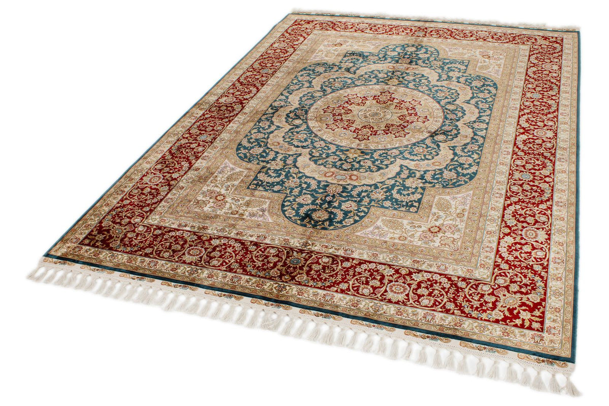 6x8 Blue and Red Turkish Silk Rug