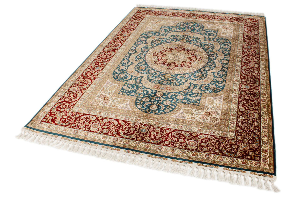 6x8 Blue and Red Turkish Silk Rug