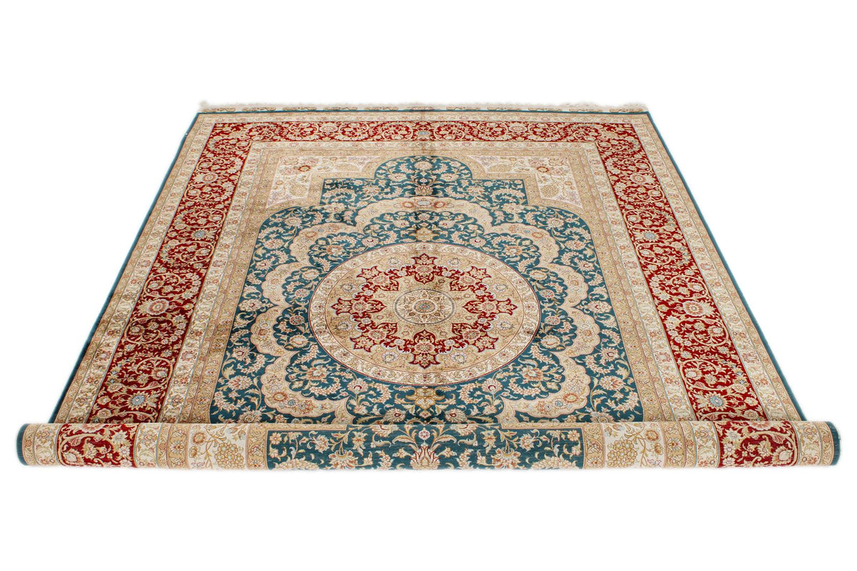 6x8 Blue and Red Turkish Silk Rug