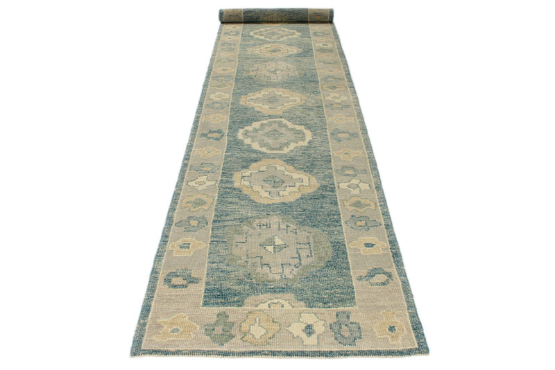 3x15 Blue and Ivory Turkish Oushak Runner