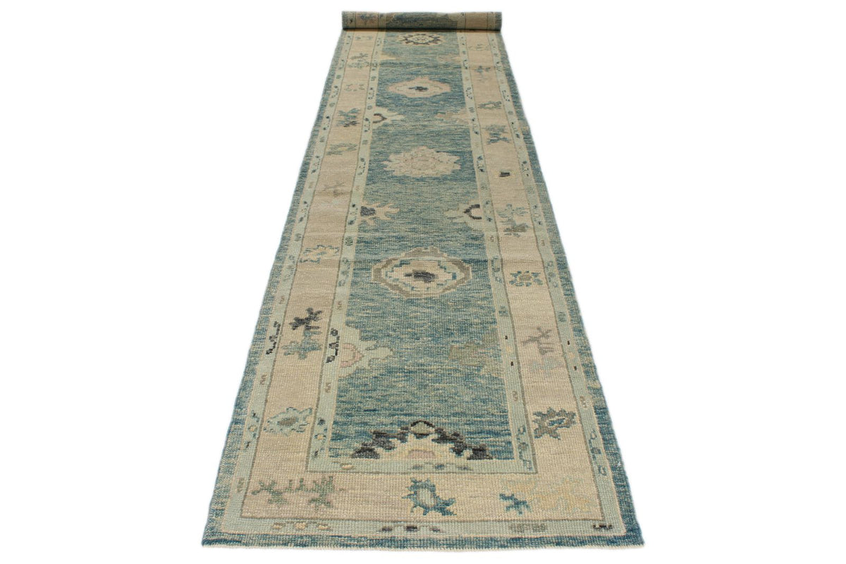 4x14 Blue and Beige Turkish Oushak Runner