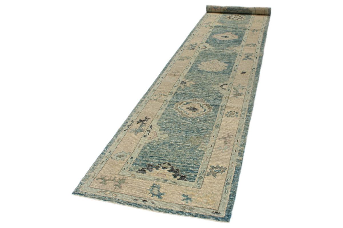 4x14 Blue and Beige Turkish Oushak Runner