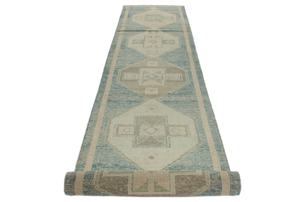 3x17 Blue and Beige Turkish Oushak Runner