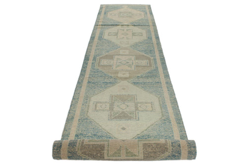 3x17 Blue and Beige Turkish Oushak Runner