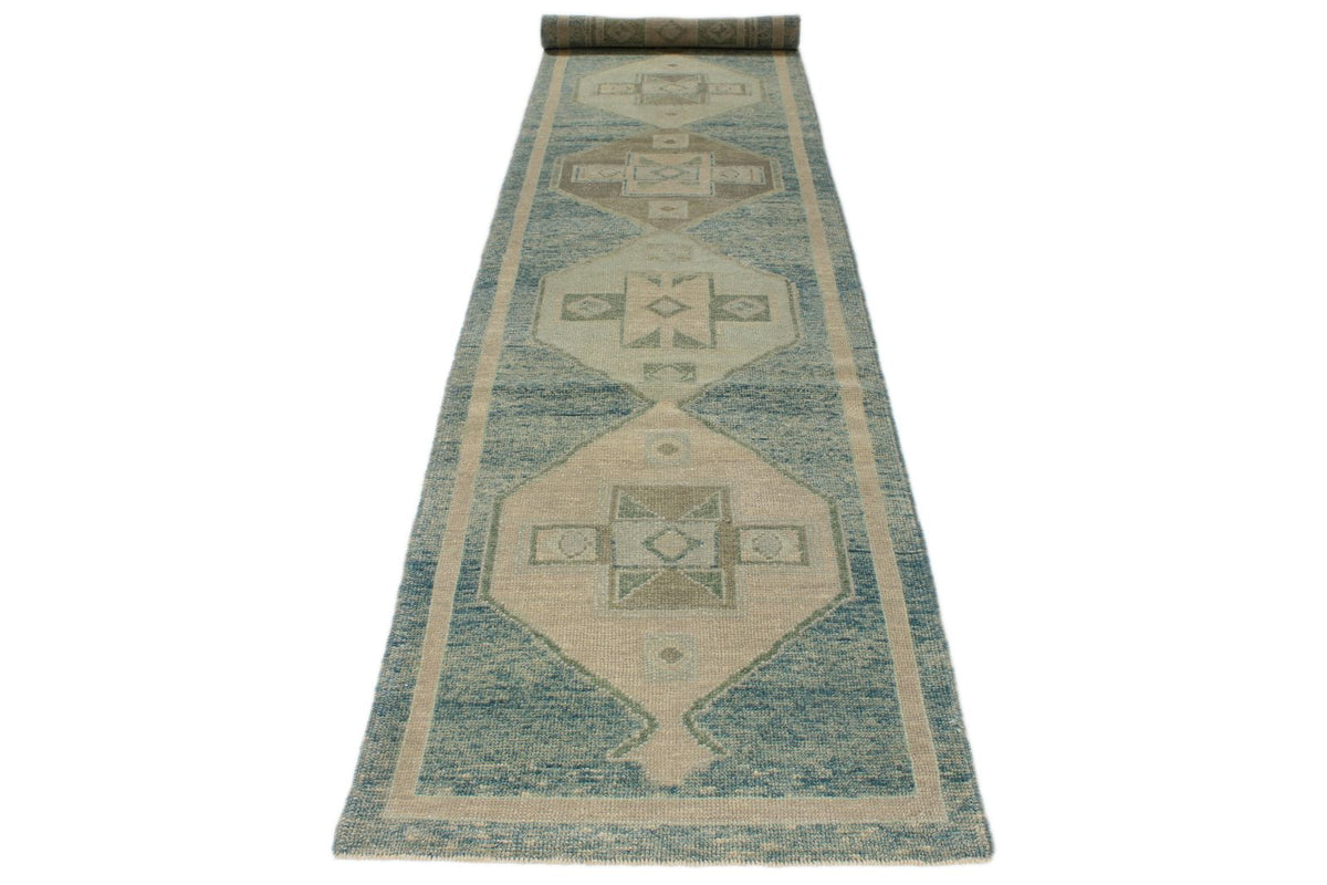 3x17 Blue and Beige Turkish Oushak Runner
