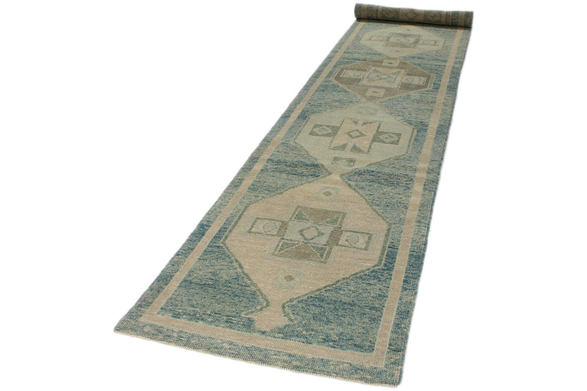 3x17 Blue and Beige Turkish Oushak Runner