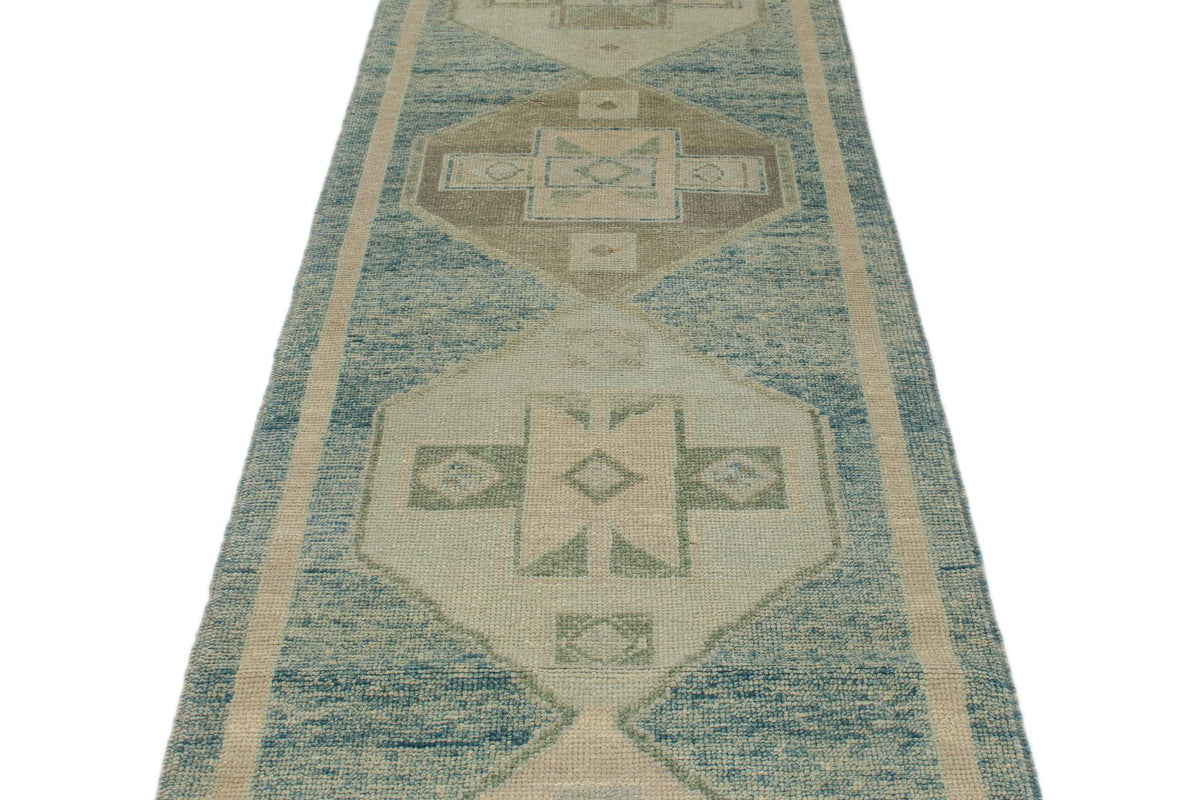 3x17 Blue and Beige Turkish Oushak Runner