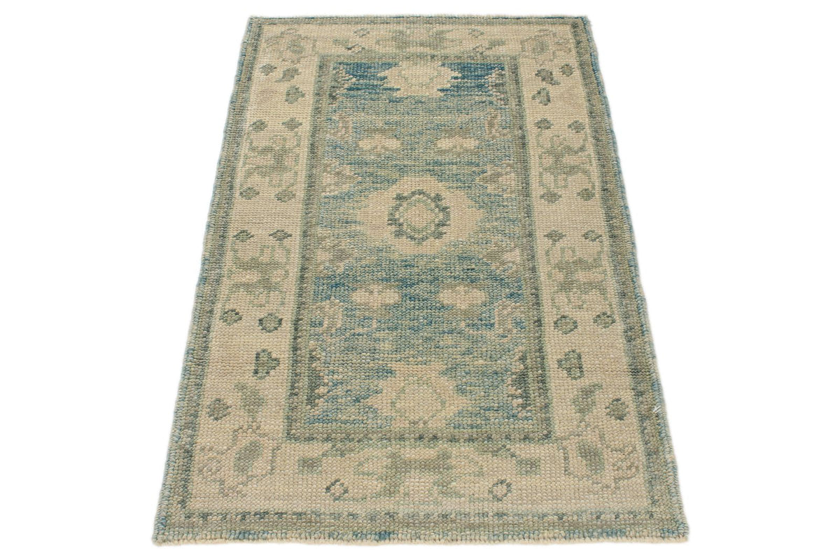 2x4 Blue and Ivory Turkish Oushak Rug