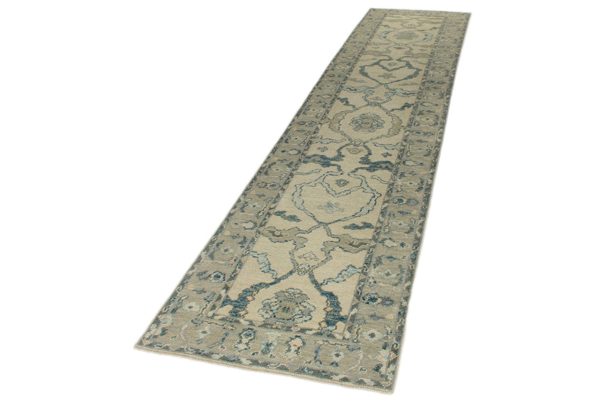 3x12 Ivory and Blue Turkish Oushak Runner