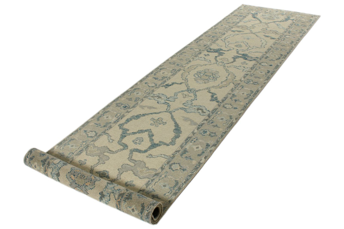 3x12 Ivory and Blue Turkish Oushak Runner