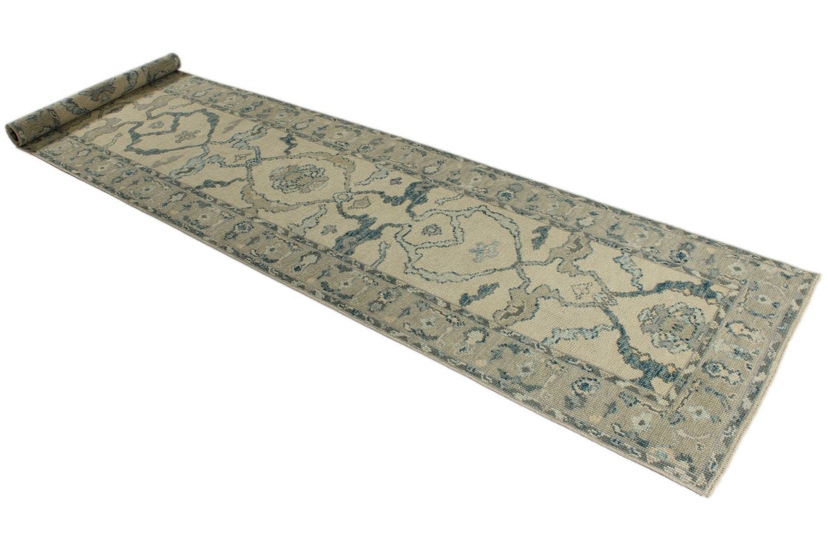 3x12 Ivory and Blue Turkish Oushak Runner