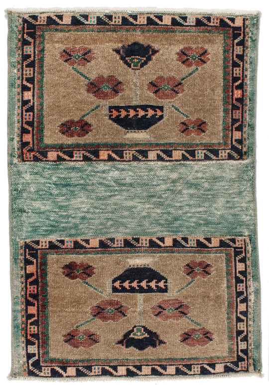 2x2 Green and Brown Turkish Tribal Rug
