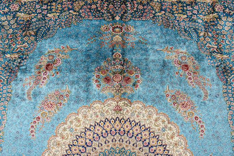 7x10 Blue and Multicolor Turkish Silk Rug