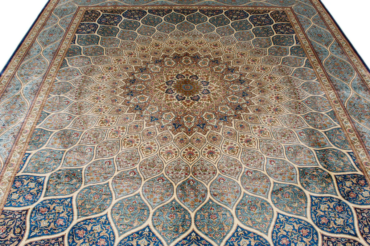 8x10 Beige and Blue Turkish Silk Rug