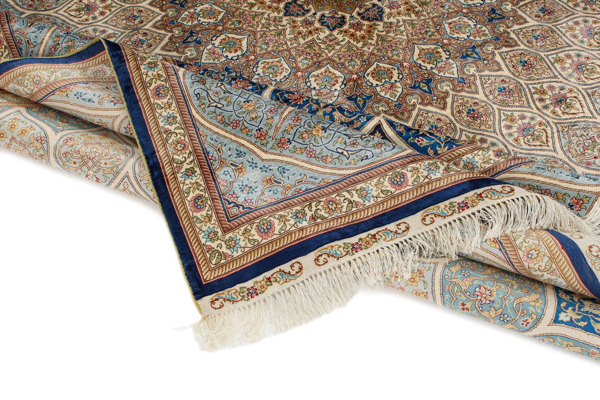 8x10 Beige and Blue Turkish Silk Rug
