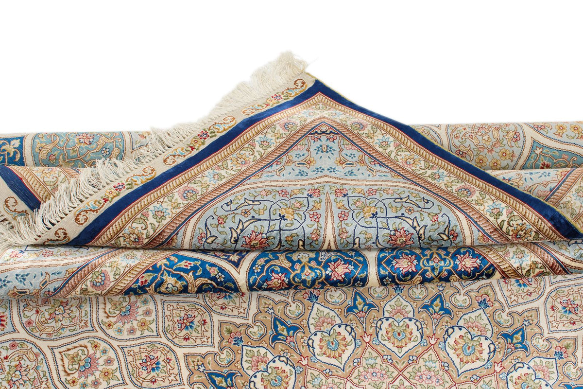 8x10 Beige and Blue Turkish Silk Rug