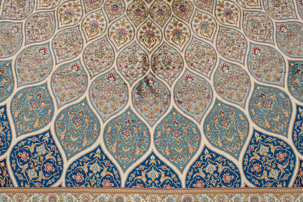 8x10 Beige and Blue Turkish Silk Rug