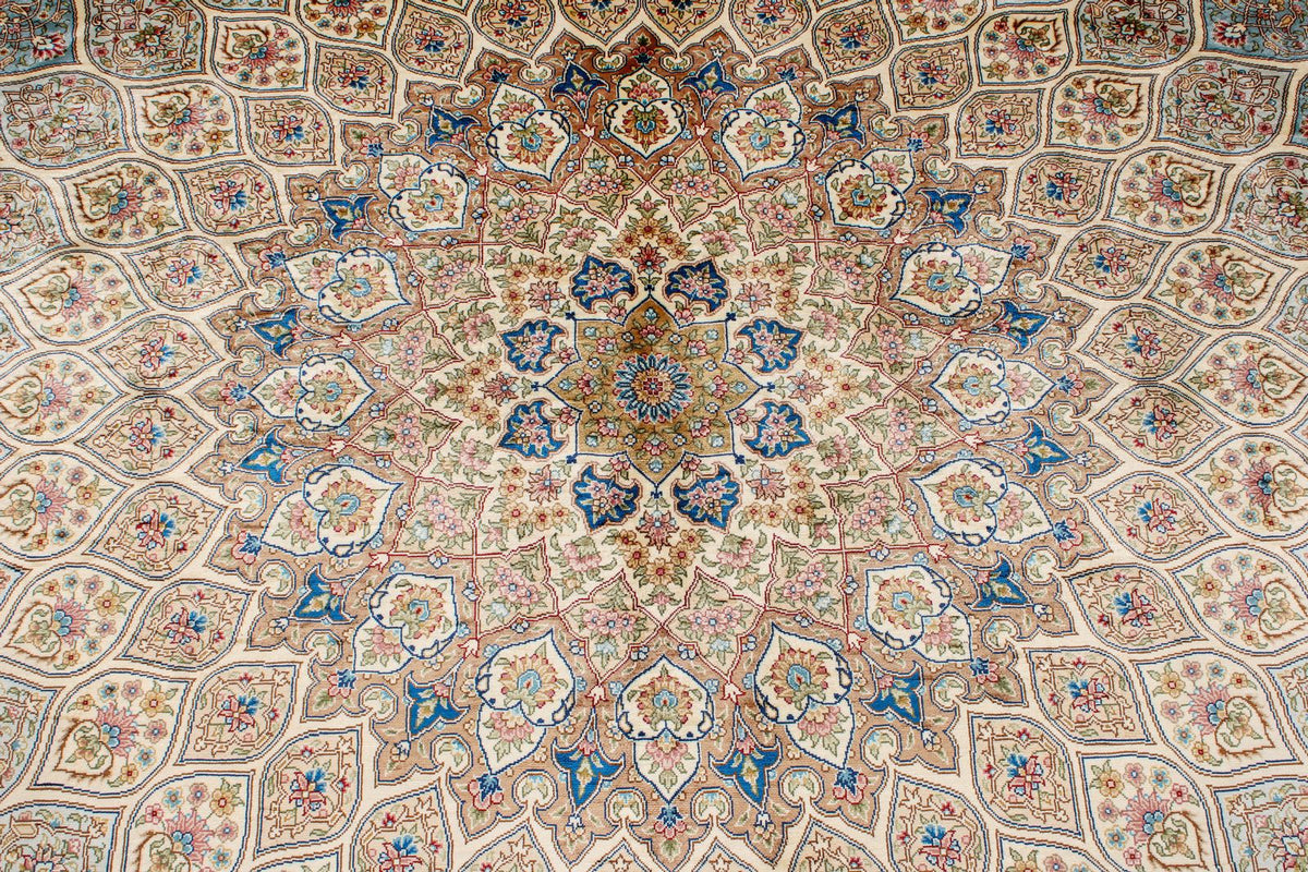8x10 Beige and Blue Turkish Silk Rug