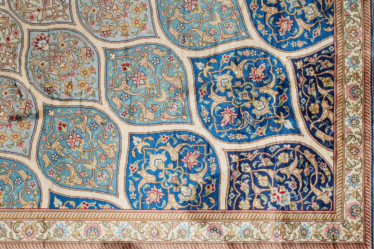 8x10 Beige and Blue Turkish Silk Rug