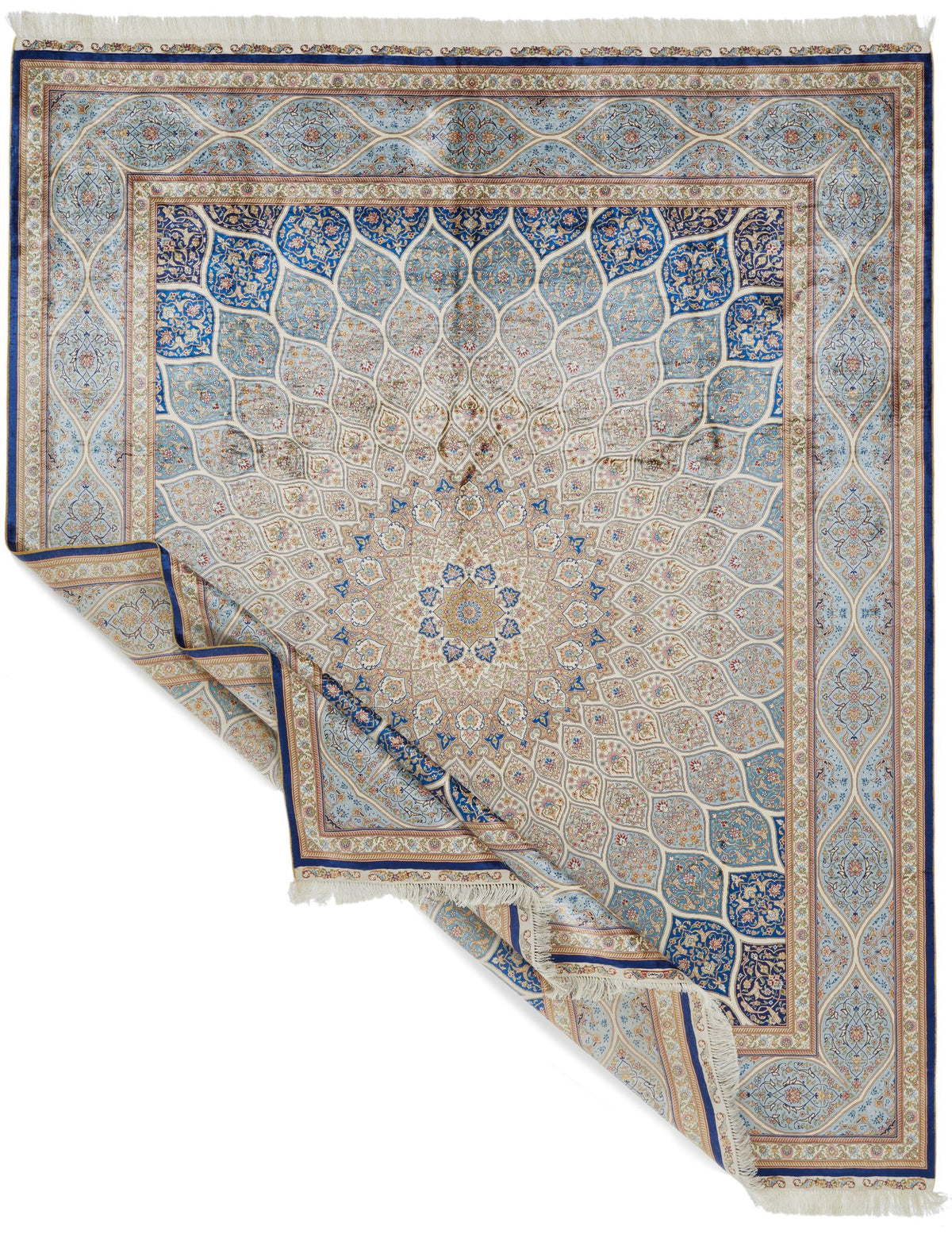 8x10 Beige and Blue Turkish Silk Rug