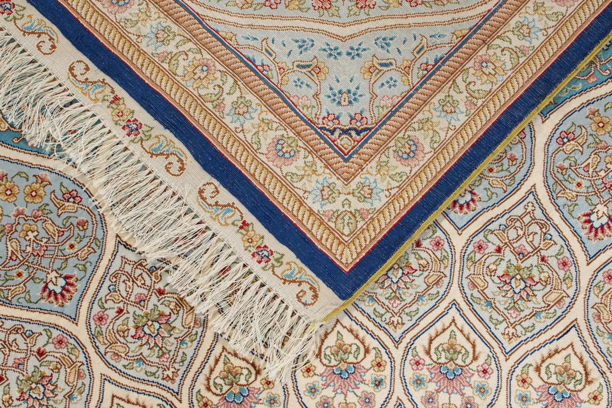8x10 Beige and Blue Turkish Silk Rug