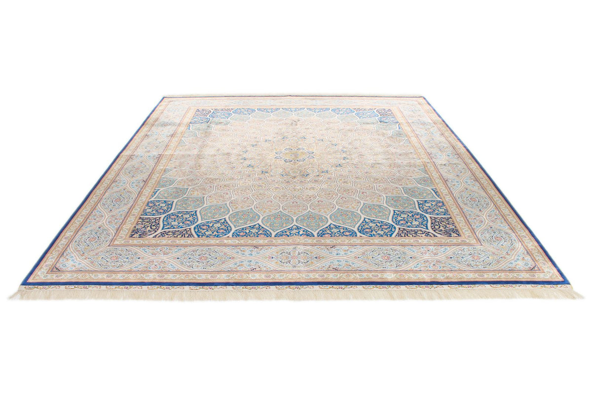 8x10 Beige and Blue Turkish Silk Rug