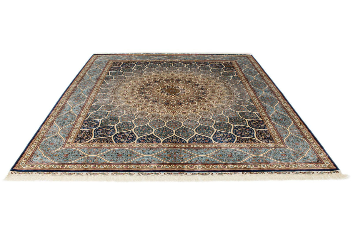 8x10 Beige and Blue Turkish Silk Rug
