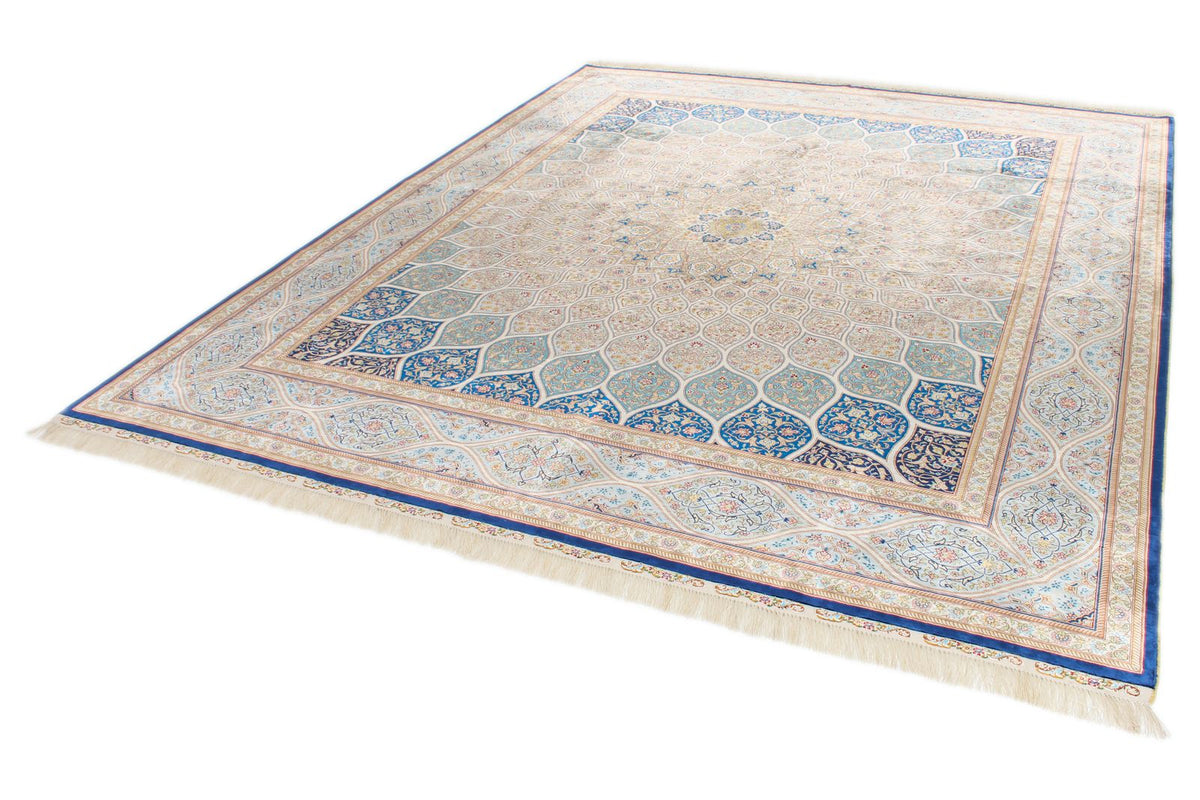 8x10 Beige and Blue Turkish Silk Rug