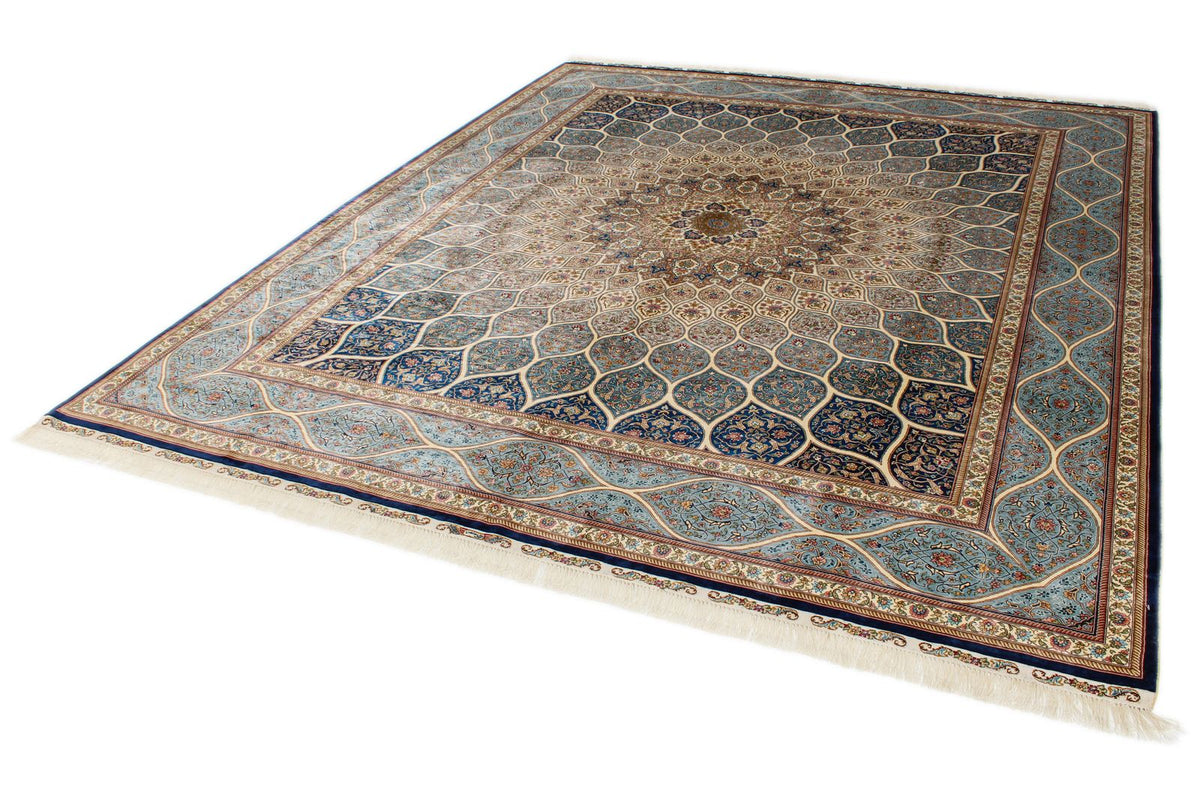 8x10 Beige and Blue Turkish Silk Rug