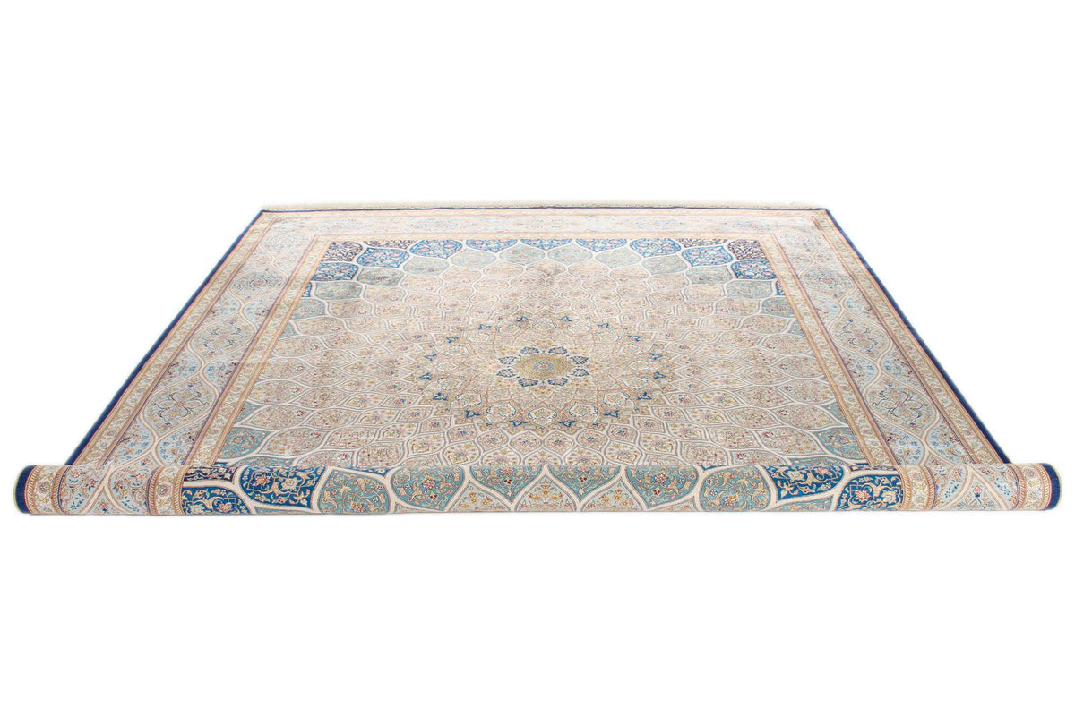 8x10 Beige and Blue Turkish Silk Rug