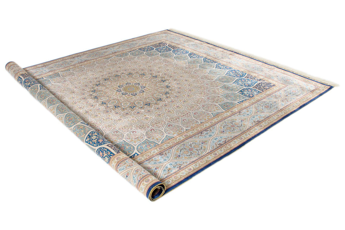 8x10 Beige and Blue Turkish Silk Rug