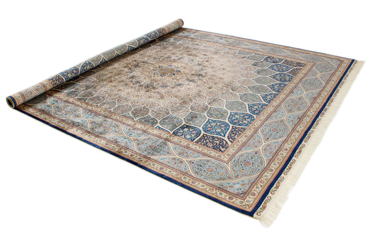 8x10 Beige and Blue Turkish Silk Rug