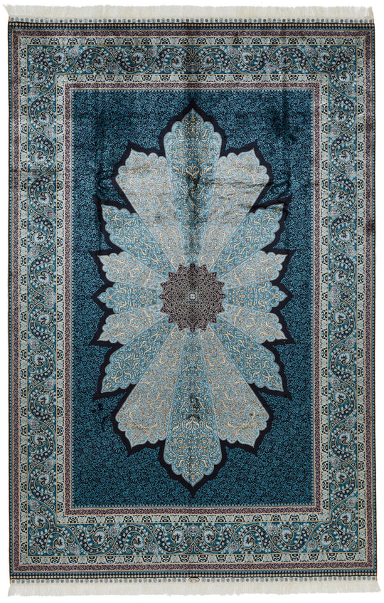 7x10 Blue and Blue Turkish Silk Rug