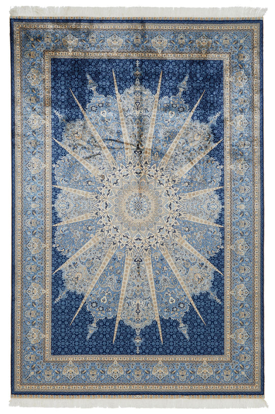 6x9 Blue and Ivory Turkish Silk Rug