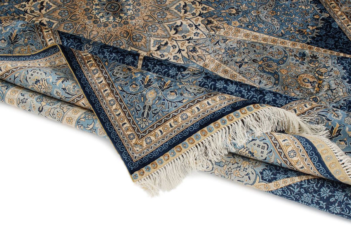 6x9 Blue and Ivory Turkish Silk Rug