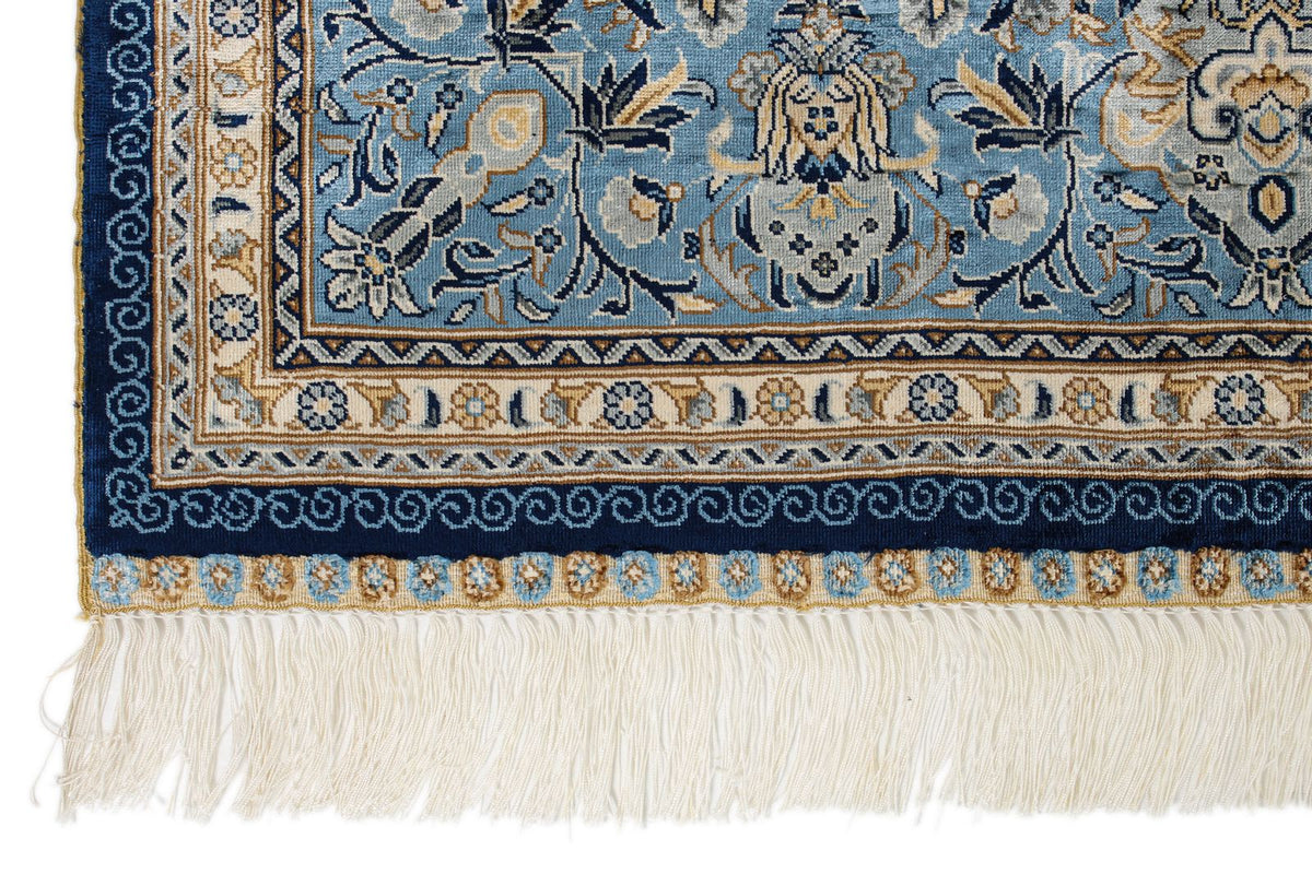 6x9 Blue and Ivory Turkish Silk Rug
