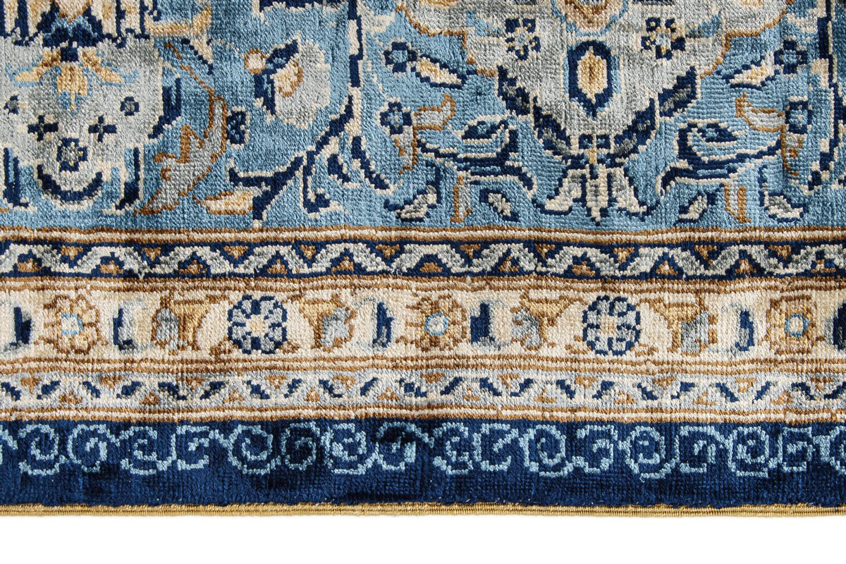 6x9 Blue and Ivory Turkish Silk Rug