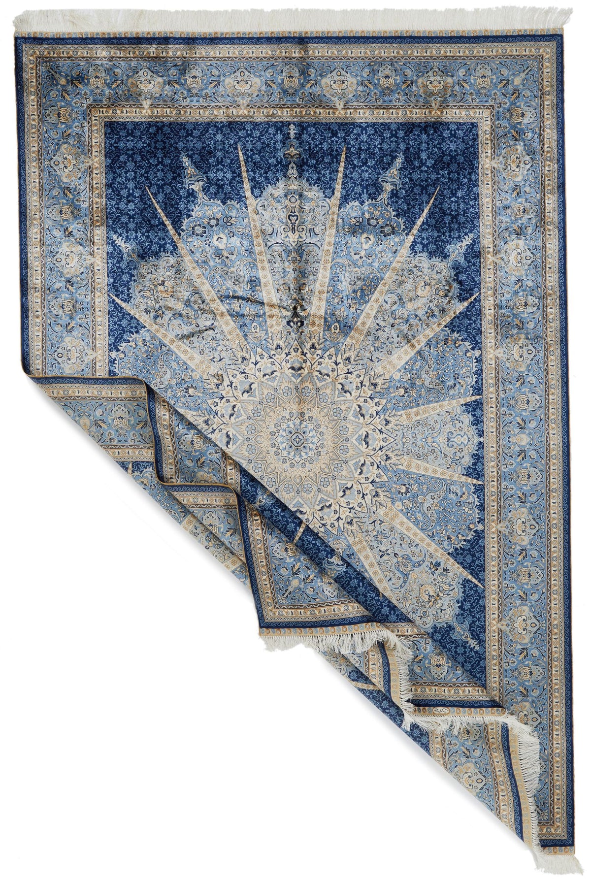 6x9 Blue and Ivory Turkish Silk Rug