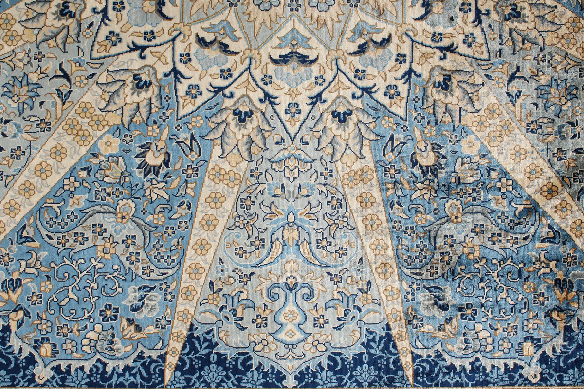 6x9 Blue and Ivory Turkish Silk Rug