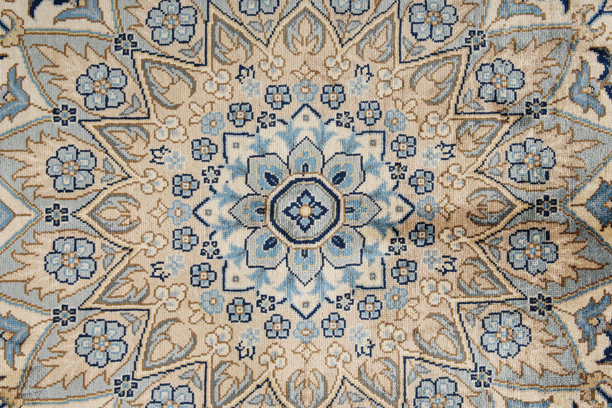 6x9 Blue and Ivory Turkish Silk Rug