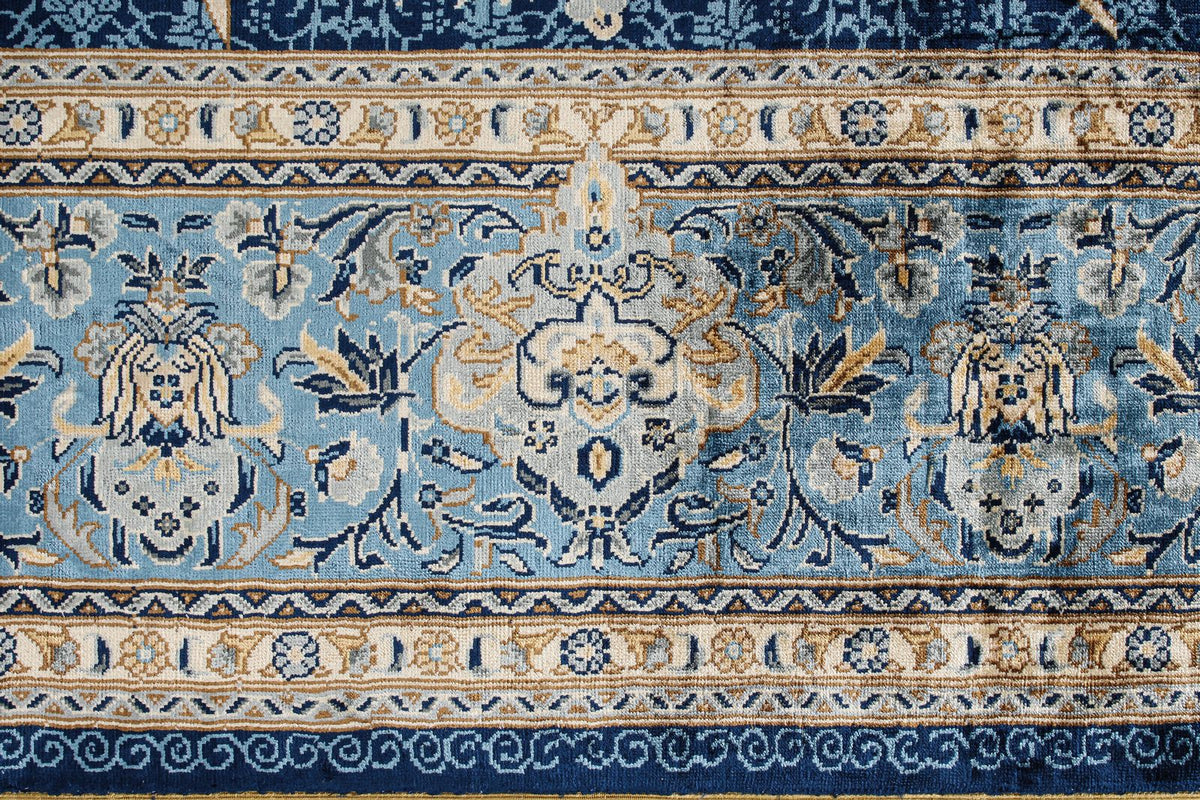 6x9 Blue and Ivory Turkish Silk Rug