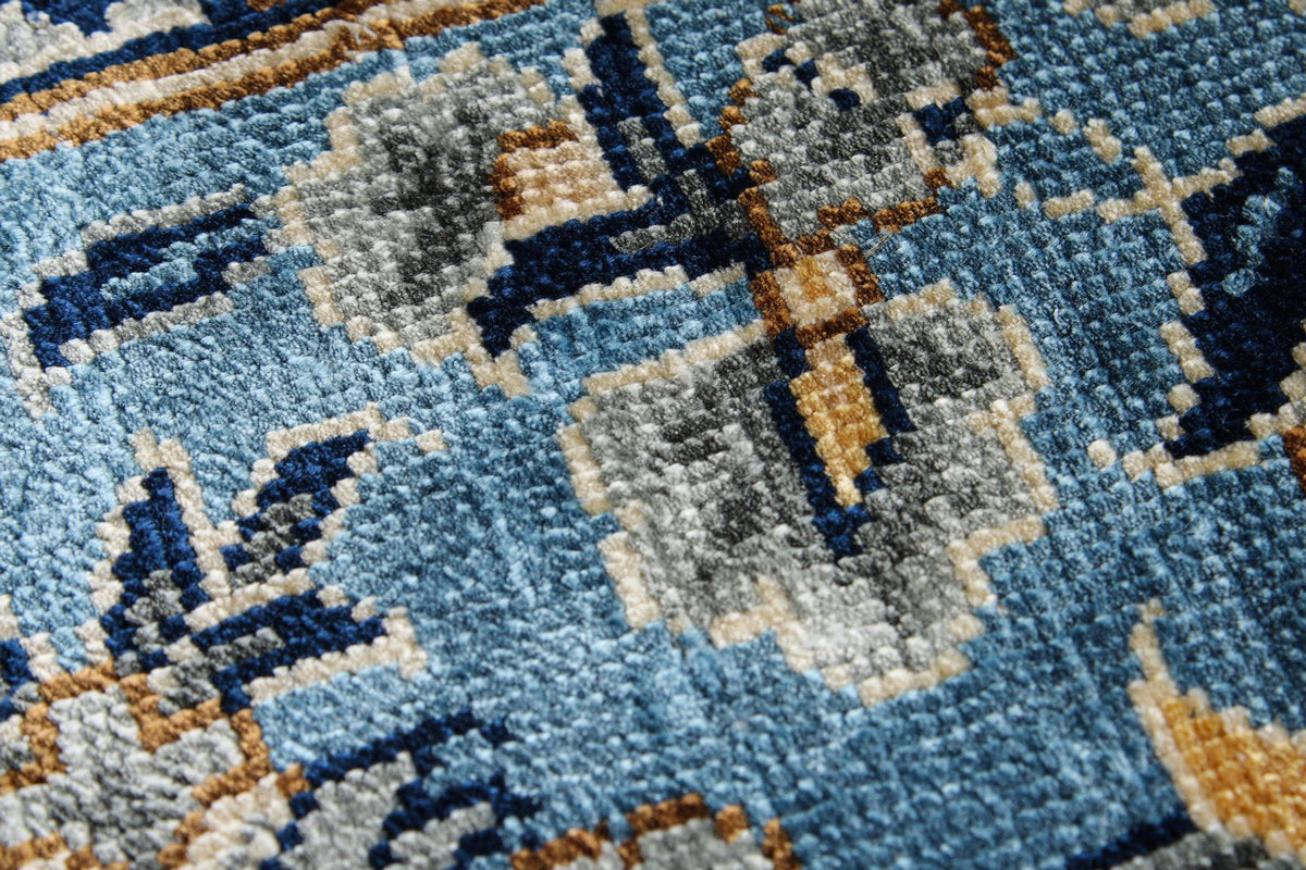6x9 Blue and Ivory Turkish Silk Rug