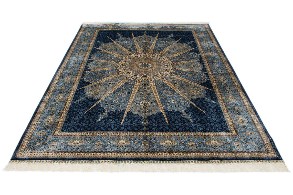 6x9 Blue and Ivory Turkish Silk Rug