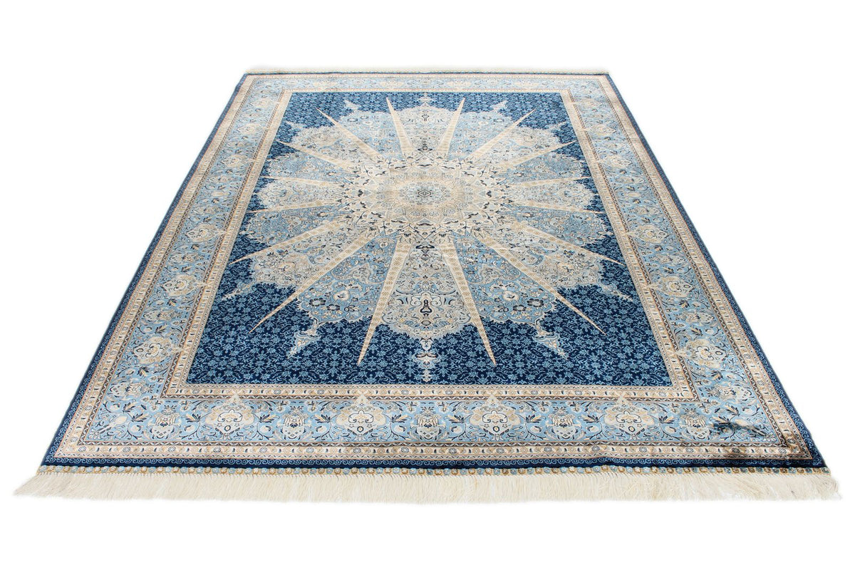 6x9 Blue and Ivory Turkish Silk Rug