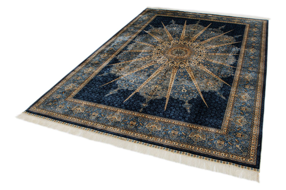 6x9 Blue and Ivory Turkish Silk Rug