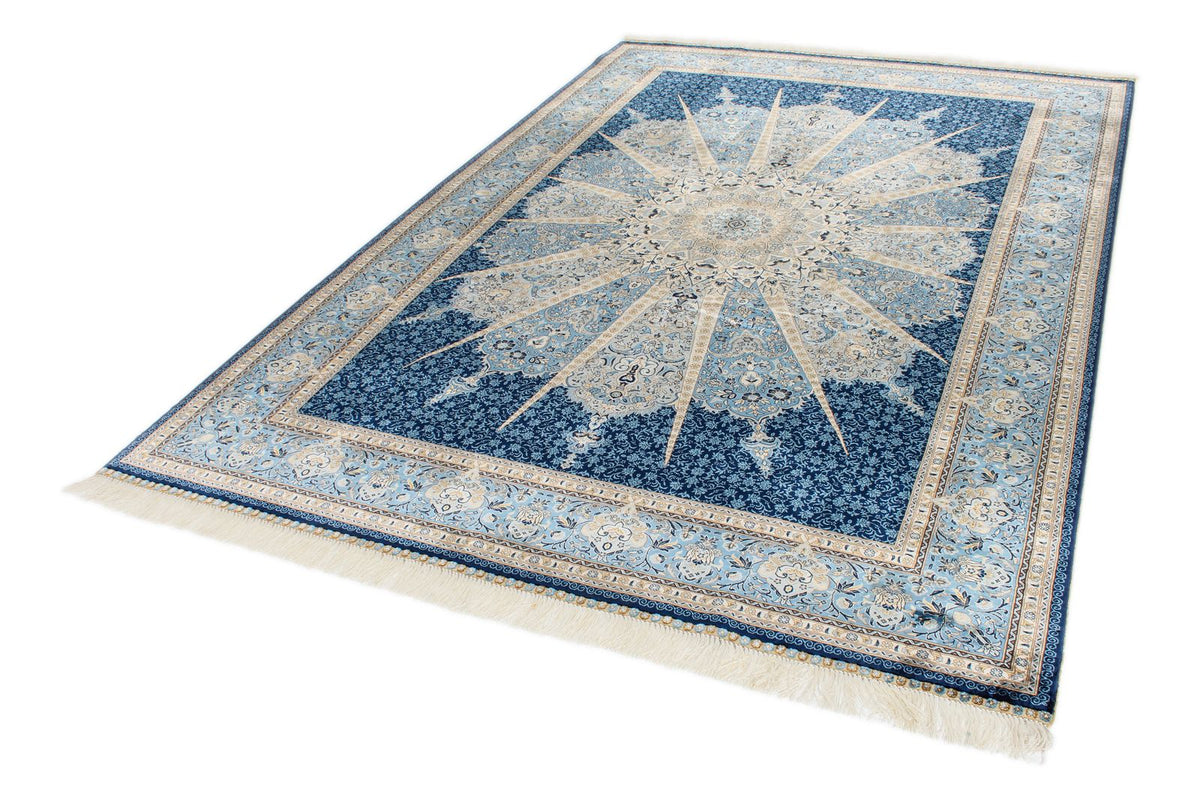 6x9 Blue and Ivory Turkish Silk Rug