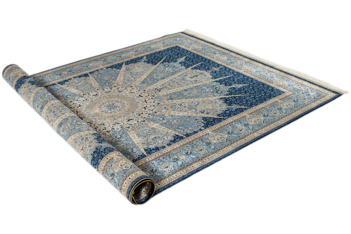 6x9 Blue and Ivory Turkish Silk Rug
